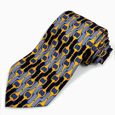 Vintage Gucci Equestrian Horse Bit Motif 100 Silk Mens Tie in Blue Black Gold