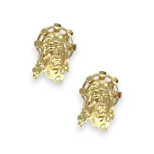 Textured Detailed Jesus Head Stud Earrings Solid - 10K Yellow Gold