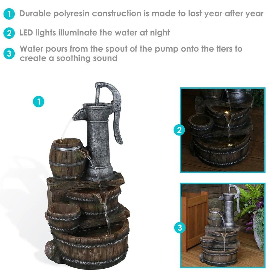 Cozy Farmhouse Pump/Barrel Water Fountain with LED Lights - 23 in by Sunnydaze - Image 3 of 4