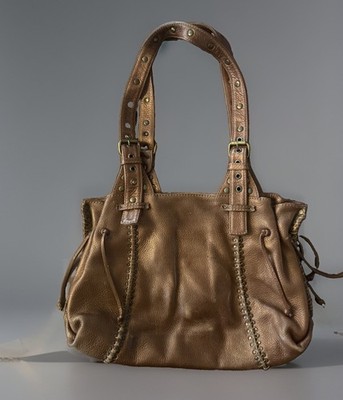 Fatto a Mano By Carlos Falchi Brown Pebbled Leather Stitch Shoulder Handbag