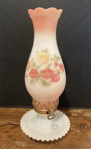 VTG Milk Glass Hurricane Vanity Table Lamp Victorian Style Pink Rose Ruffled Top