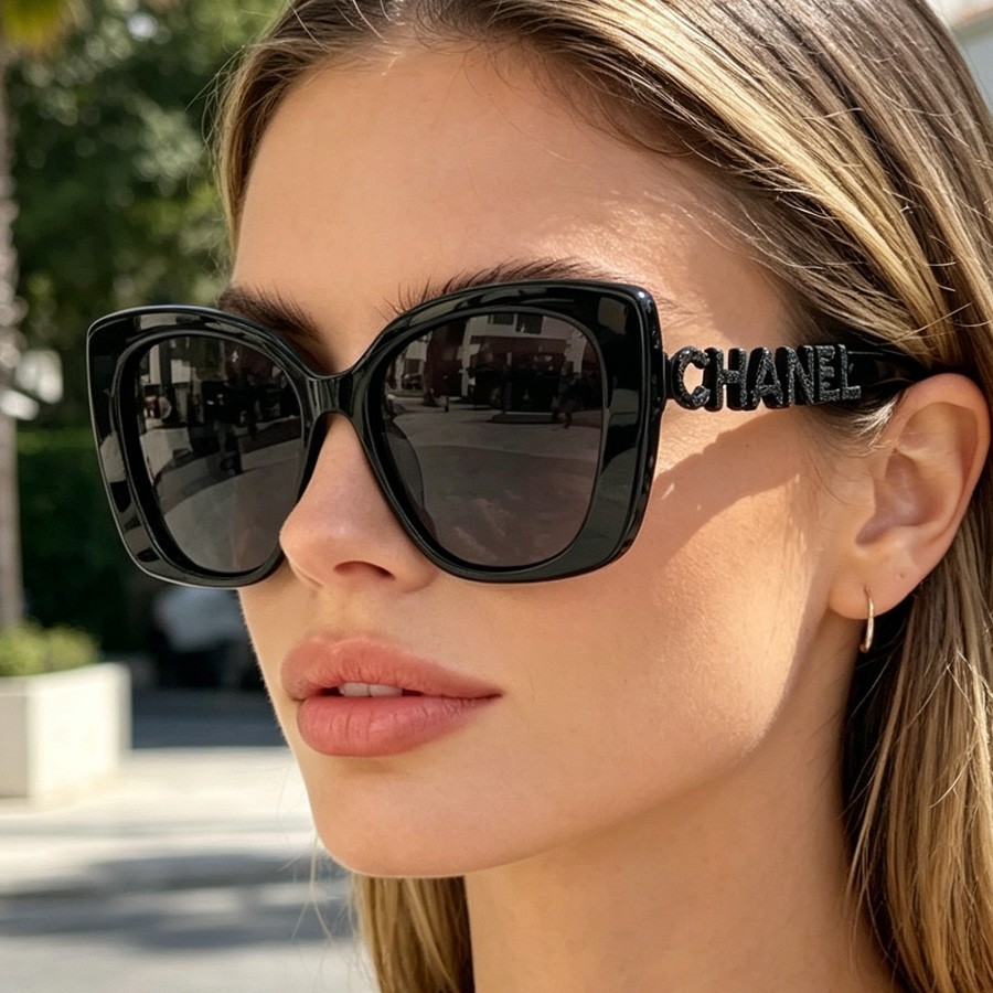 Chanel CH5422 Women Sunglasses Black Crystal Letter Logo Gray Lens Luxury Shades