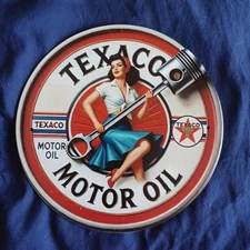 Texaco 8" Round Metal Sign Man Cave Wall Art Garage Bar Gas Station Oil Gas