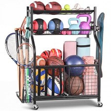 Sports Equipment Organizer Garage Storage Rack Basket Hooks Black PLKOW Ball