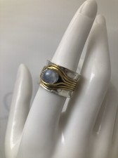 Boho Hammered Wide Band Wrapped Moonstone Sterling Silver Brass Wire Ring