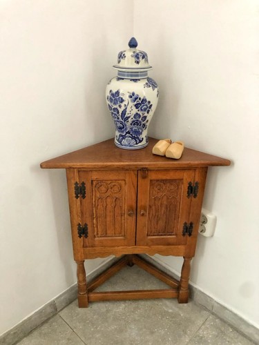 French corner drinks cabinet (1800s from Paris) with cathedral doors, solid oak