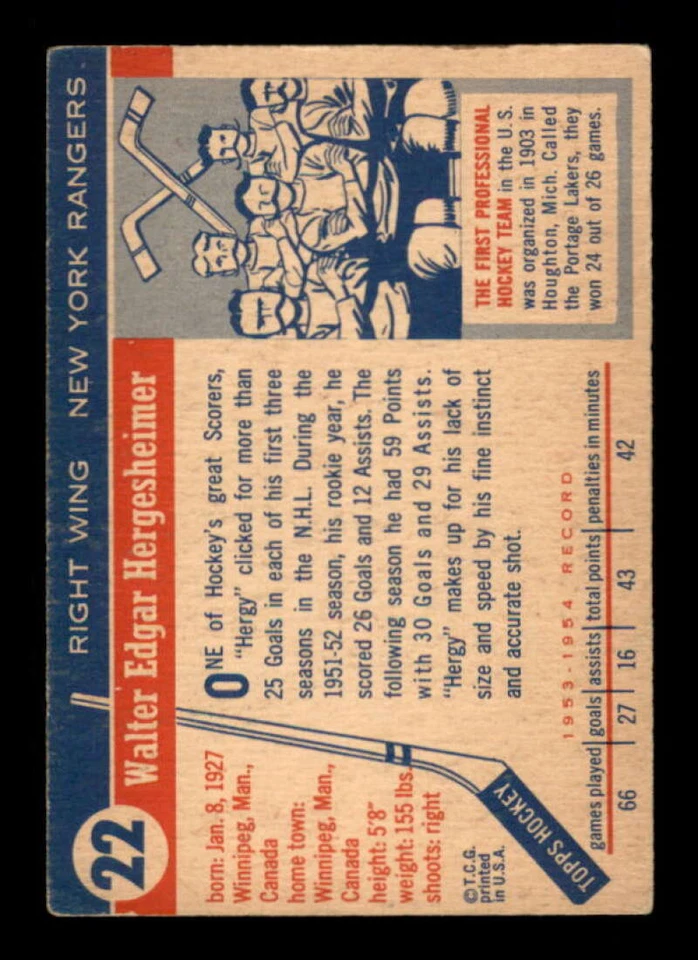 1954-55 Topps #22 Wally Hergesheimer EX/EX+ NY Rangers 557096 - Image 2 of 2