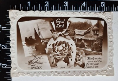 ALTE POSTKARTE 1937 GEBURTSTAG WÜNSCHE BOOTE GOTISCH REETHAUS ROSE