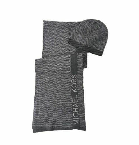 2pc Set MICHAEL KORS Black Zig Zag Silver Metallic Print Muffler Beanie & Scarf - Image 3 of 4