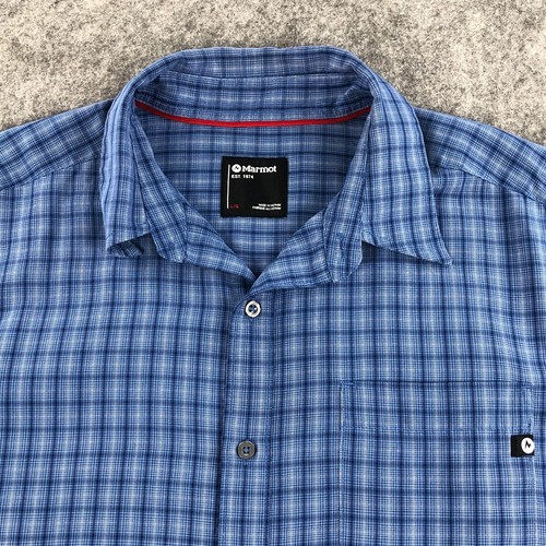 Marmot Button Up Shirt Mens Large Blue Plaid Short Sleeve Front Pocket Stretch - Picture 5 of 14