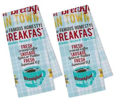2 Coffee Dish Towel Cotton Kitchen Towels Breakfast Themed Blue Dishtowels Plaid