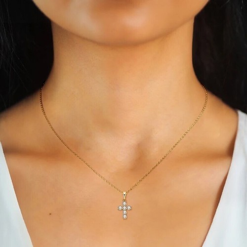 1ct Cross Necklace Yellow Gold VVS1/D/Excellent Lab-Created Diamond Test Pass - Picture 6 of 8