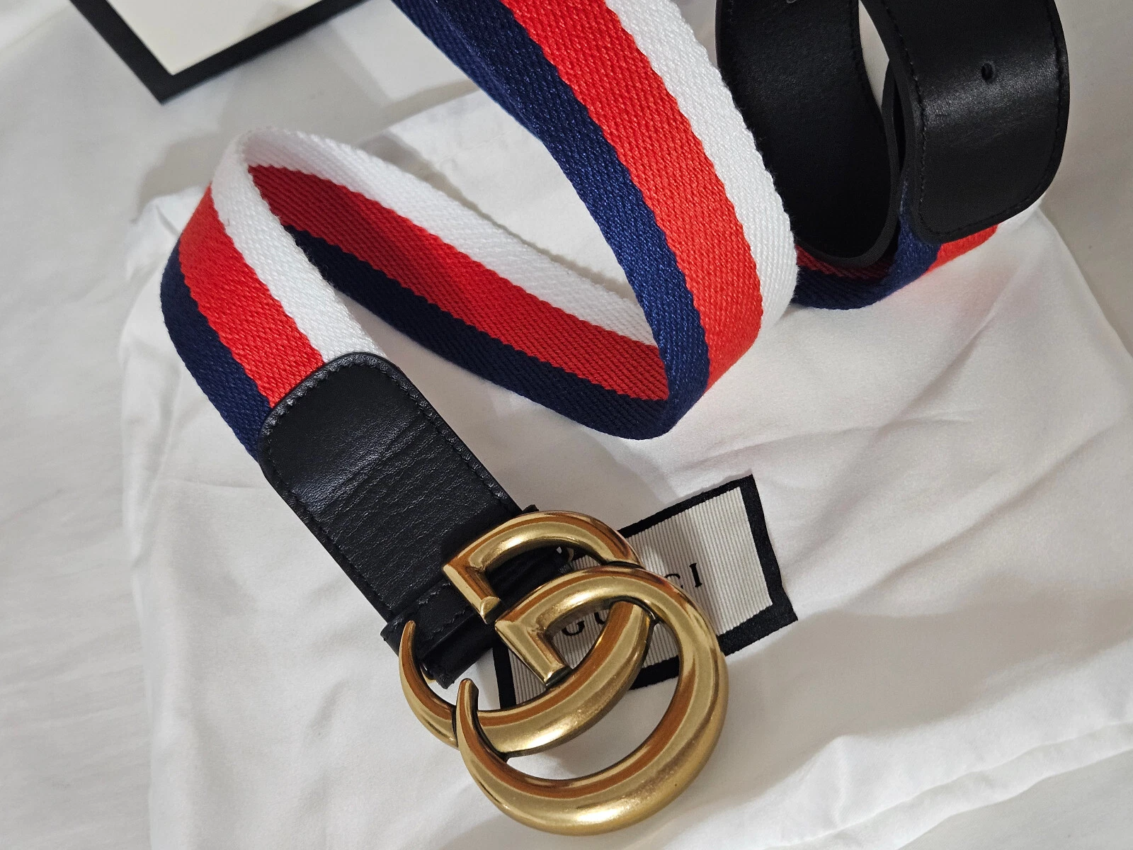 Ceinture Gucci Tri Color Web rouge blanc bleu or GG taille 32/34
