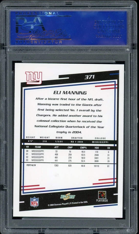 2004 SCORE ELI MANNING #371 PSA 10 GEM MINT ROOKIE CARD NEW YORK GIANTS RC - Image 2 of 2