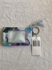 VERA BRADLEY Zip ID Case Marian Floral Wallet Coin Key Ring Chain Blue NWT
