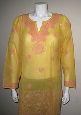 New India Chikan Lucknow Cotton Kurta Kurti Pink Embroidery Yellow Ladies Top