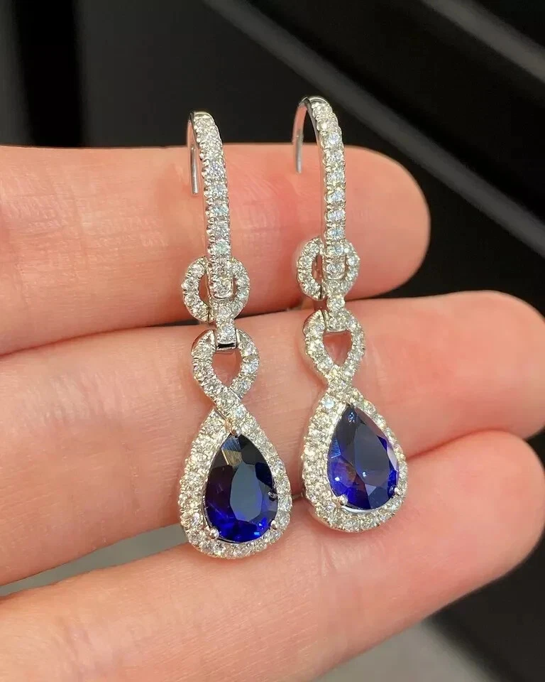 3.82 Ct Pear Cut Natural Blue Sapphire Diamond Earring Stud 14K Real White Gold - Image 2 of 4