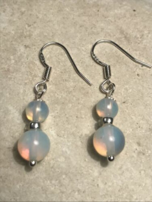 White Opalite Grade AAA 8-10MM Gems Beads Earrings 925 Silver - Gift