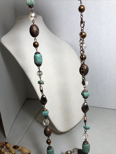 Lot Of 3 Chunky Statement Necklaces Turquoise Multicolored Wood - Picture 10 of 12