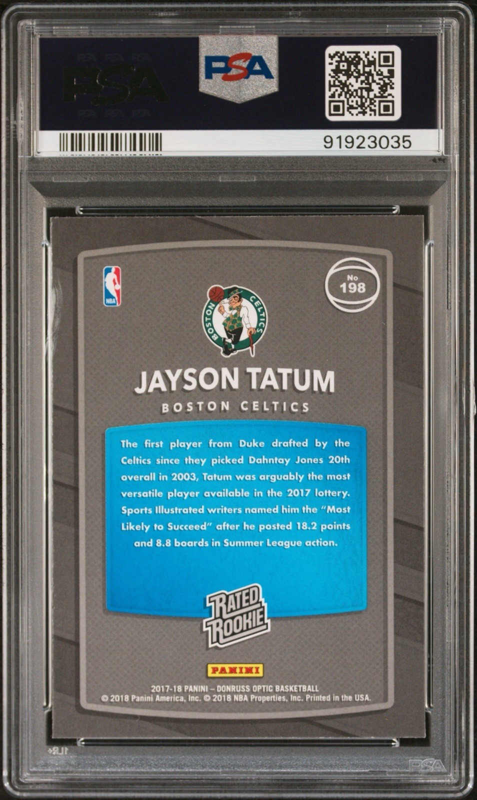 2017 Panini Donruss Optic Jayson Tatum #198 RC PSA 10 💎 Iconic Image view 3