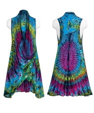 Boho Tie Dye Wrap Vest Dress One Size Pockets Viscose Thailand Festival Colorful