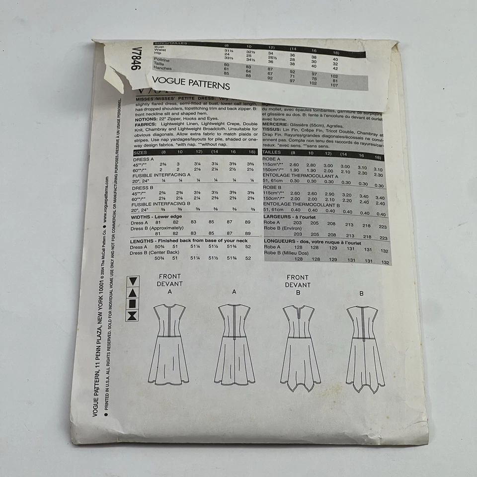 Vogue Sewing Pattern V7846 Vintage Y2K Dress Size  14,16,18 Very Easy Uncut - Image 4 of 4