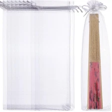 100 Pcs Sheer Organza Fan Bags, 10x2.3 inch Drawstring Folding Paper Hand Fan...