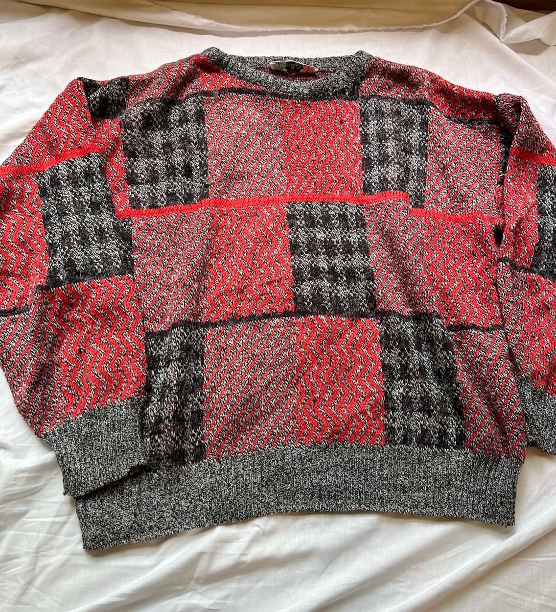 Patchwork Knit Sweater with Red and Grey Checks M… - image 2