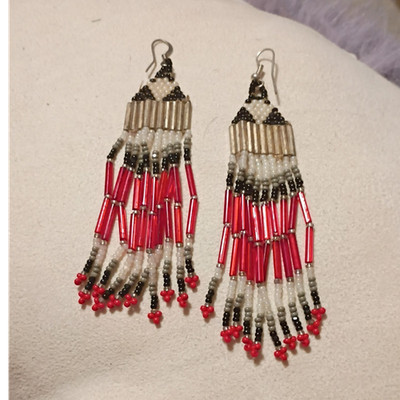 Beaded Dangle Native American Style Earrings Red Black White Silver Handmade