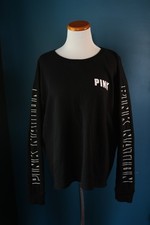 Victoria's Secret PINK Nation Black Crew Sweatshirt w/White Logo Raw Hem Large