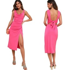 Lulus Midi Dress L Pink Cowl Neck Tie Back Slit Party Dress NWT Sexy Large