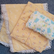 Vintage 80  s Quilted Baby Doll Bedding Set Eyelet Ruffle Pillow Handmade 3 Pc