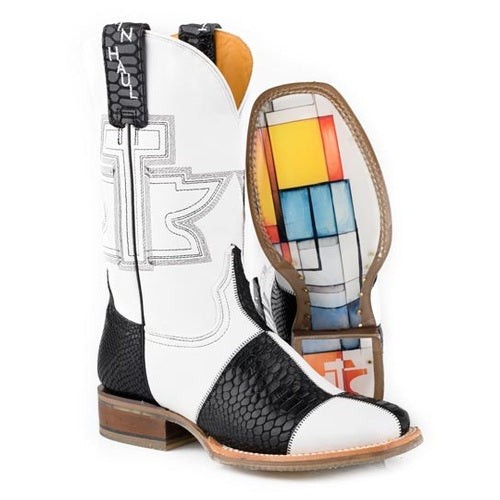 Botas para mujer Tin Haul con estampado de pitón blancas y negras con suela Mondrian hechas a mano - Imagen 1 de 3