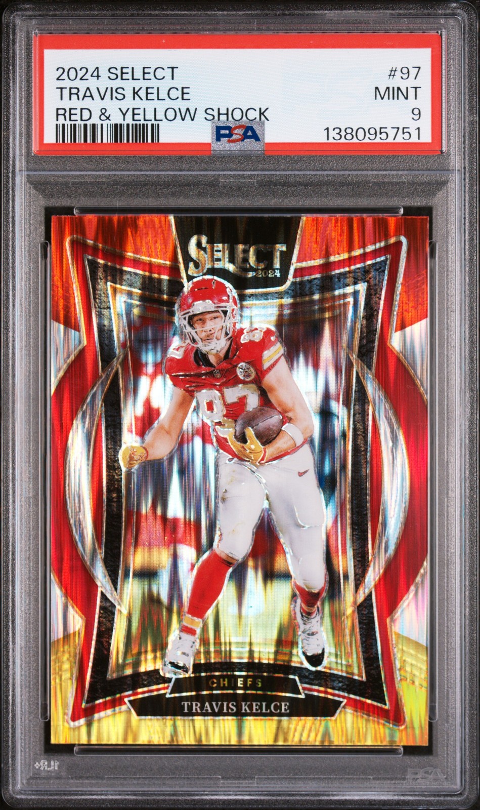 Travis Kelce 2024 Select #97 Red & Yellow Shock PSA 9 Kansas City Chiefs view 1