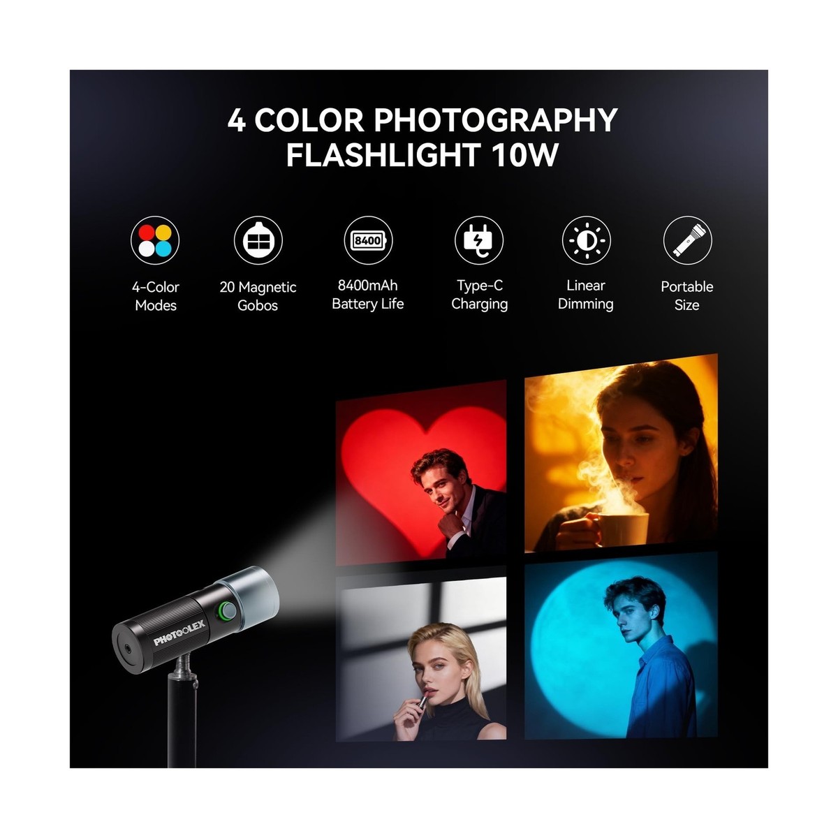 PHOTOOLEX 4 Colors Photography Flashlight with 20 Magnetic Pattern