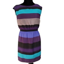 Ann Taylor LOFT Purple Teal Striped Cap Sleeve Elastic Waist Mini Dress MP
