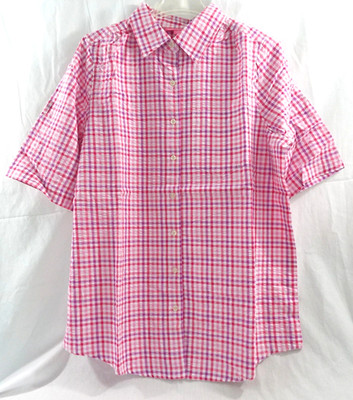 Woman Within Seersucker Bigshirt Button Tab SS Check Purple Pink White 14 / 16 M