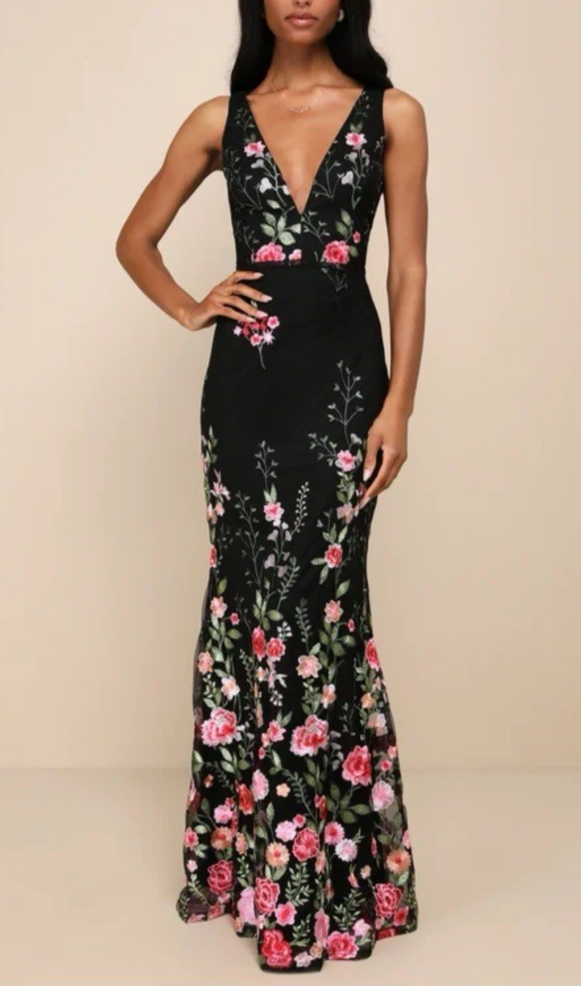 Lulus Formal Maxi Dress S Soiree Blossom Black Floral Embroidered Mermaid  Gown | eBay