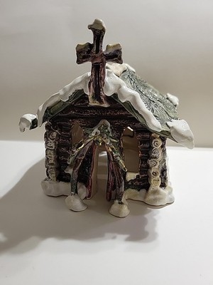 Blue Sky 2001 Ceramic Church-Log Cabin Religious Building Christmas Village EUC