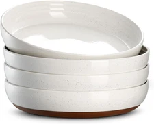 9.6" Ceramic Pasta Bowls Set of 4, Large Shallow White Dinner Bowls with Sesame 