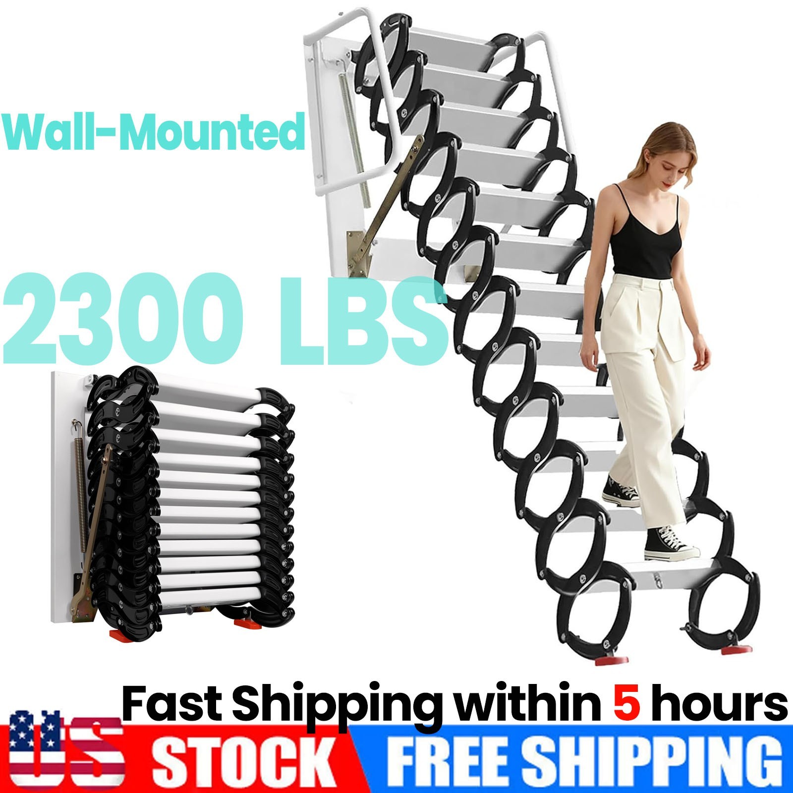 2300LBS Wall Mounted Attic Ladder with Anti-Slip, 10 FT Attic Stairs for Garage-image