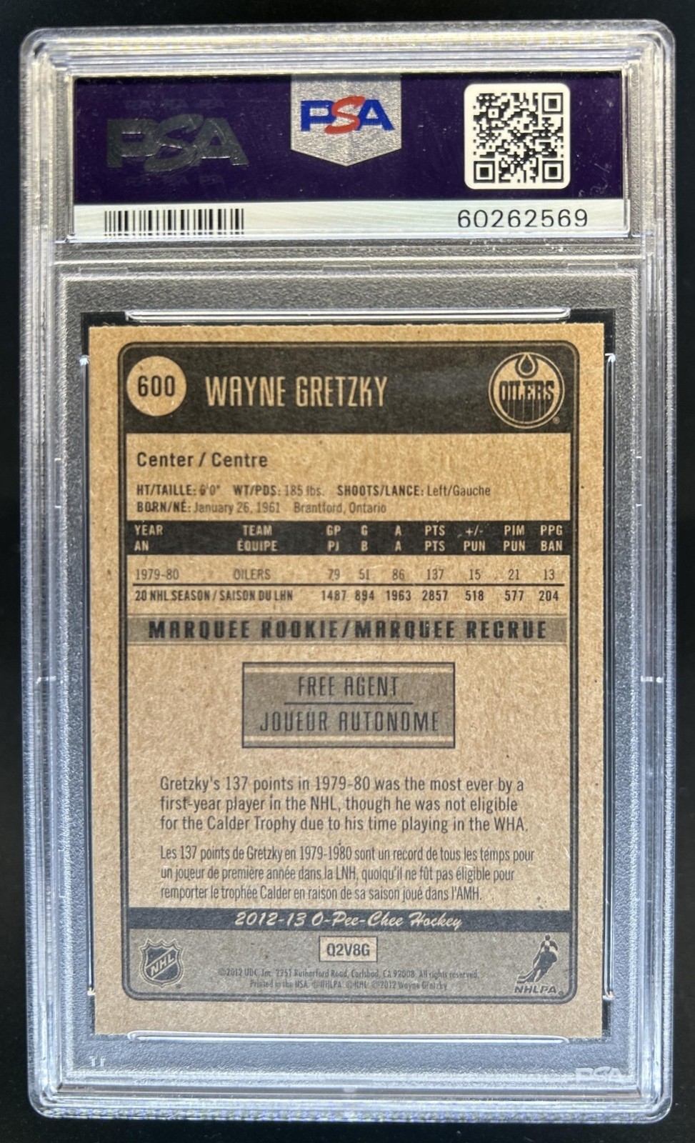 2012-13 O-Pee-Chee Wayne Gretzky #600 Oilers PSA 8 view 2