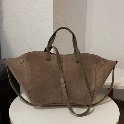 Italian Genuine Suede Leather Tote Bag Women Grey Brown Large Shoulder Handbag