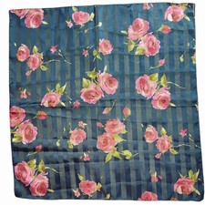 Italian Floral Polyester Scarf Vintage Navy Pink Rose Design 20 Square Sheer