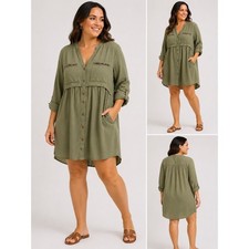 Zara Z1975 Denim Olive Green Tencel Babydoll Shirt Dress Beaded Trim Large