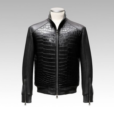 Men's Black Crocodile Embossed Leather Bomber Jacket Luxury Zip-Up Racer Style