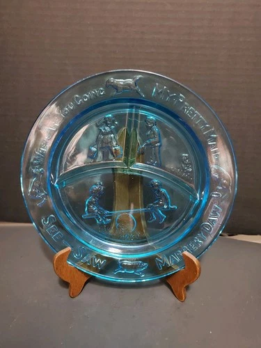 Indiana Tiara Divided Plate Blue Glass See-Saw Margery Daw Child's Nursery Rhyme
