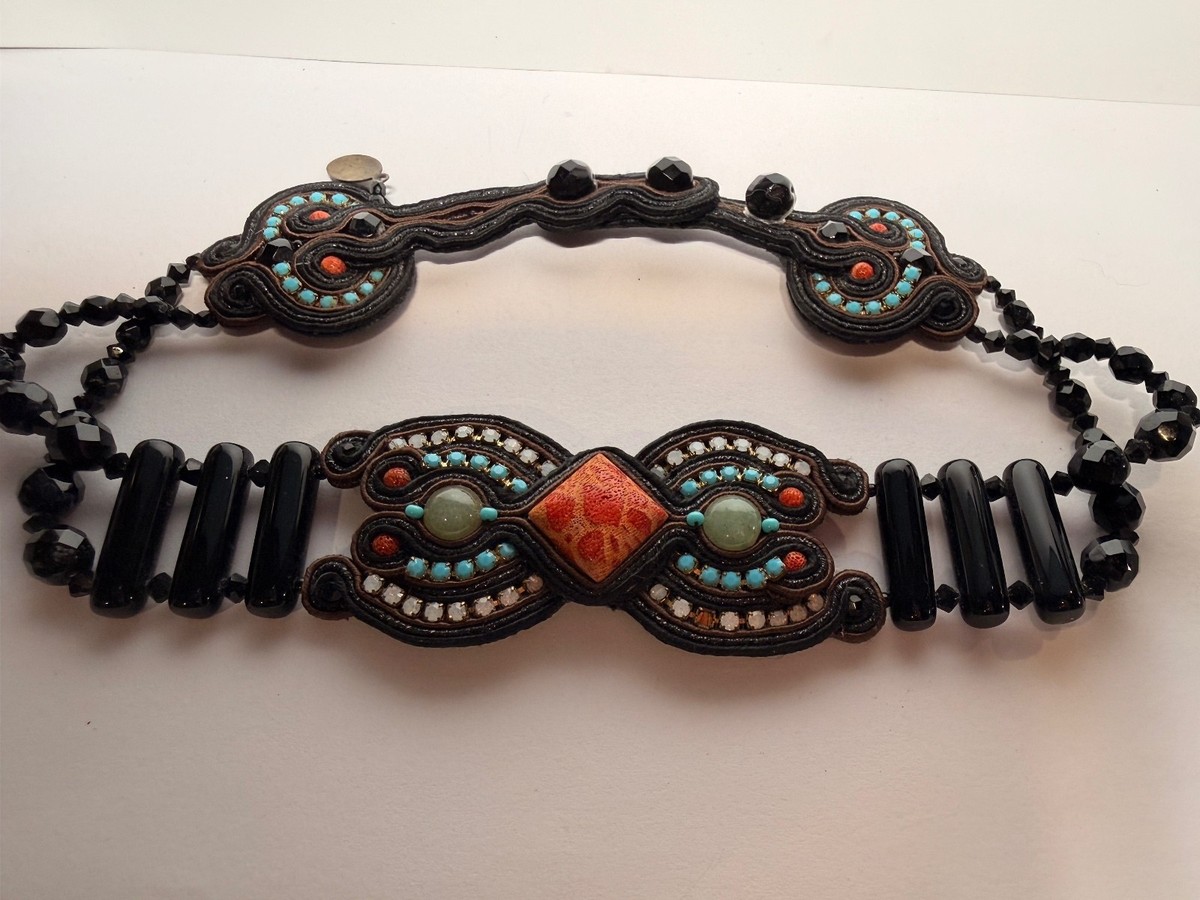 Dori Csengeri Beaded Embroidered Decorative Belt with Black and Turquoise Accr View 2