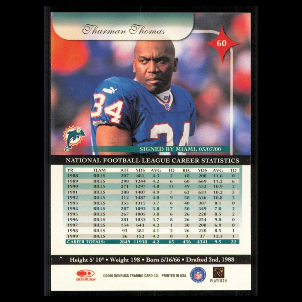 Thurman Thomas #60 2000 Donruss Elite Buffalo Bills Football Card NFL NM - Image 2 of 3