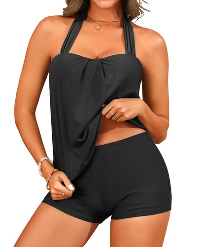 Black Women Two Piece Tankini with Shorts - Blouson Bathing Suit Halter Bande...